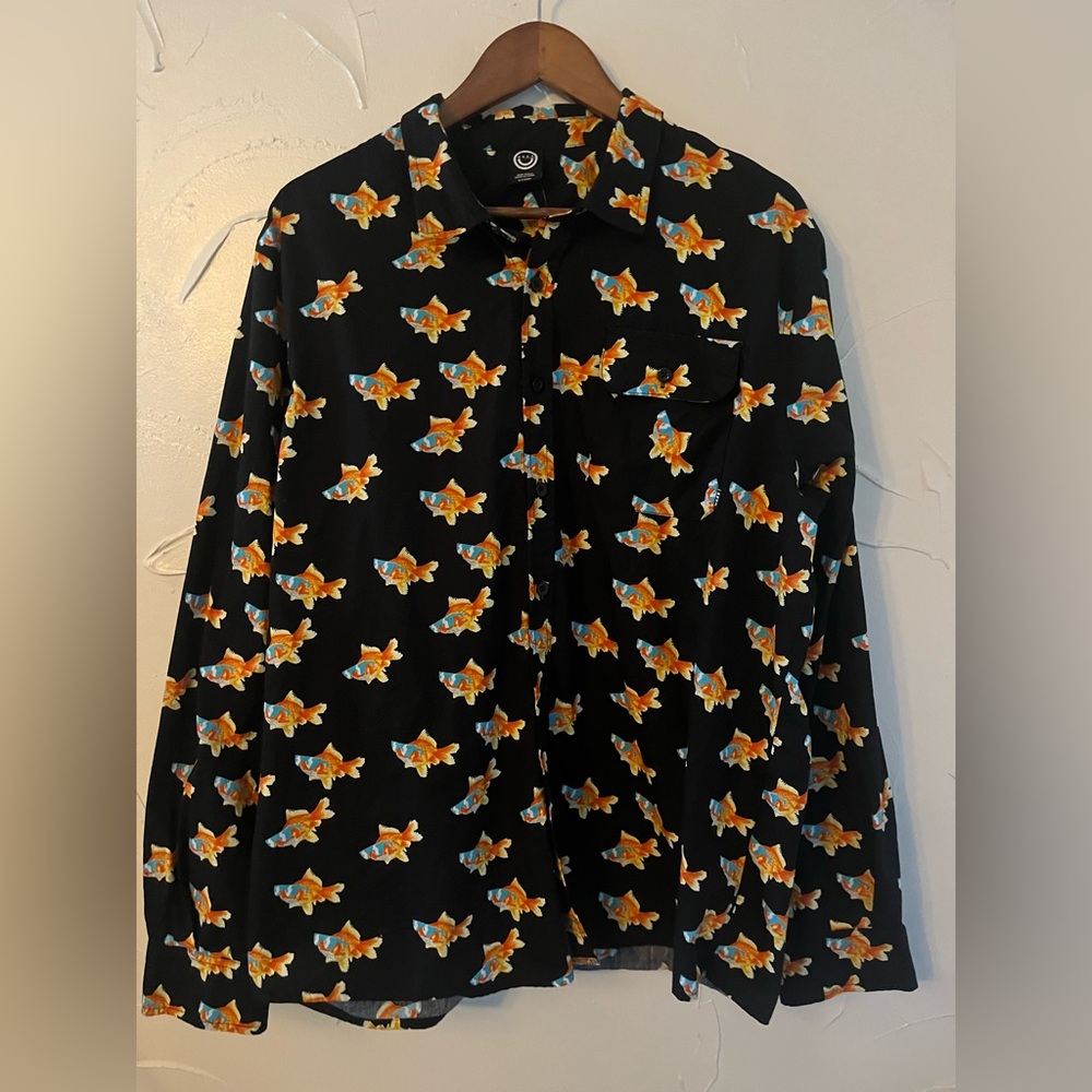 NEFF Long Sleeve Button Down Shirt Koi Fish Wearing Sun Glasses SZ XL